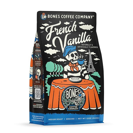 Bones Coffee Company French Vanilla, Creamy Vanilla Flavored Coffee, Medium Roast Low Acid Arabica Beans Compatible with Auto drip and French Press Coffee Maker, 12 Oz Ground