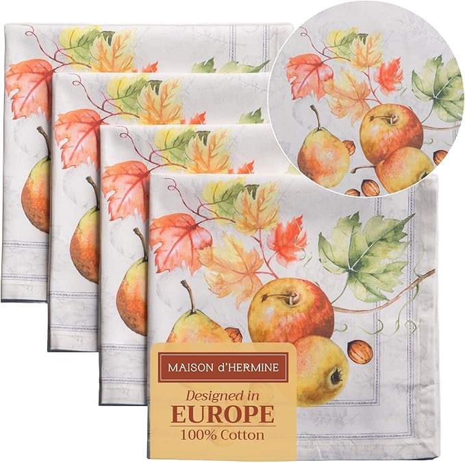 Maison d' Hermine Cloth Napkins Set of 4 100% Cotton for Thanksgiving Christmas Decorations Everyday Reusable Square Fall Napkins Cloth Washable Dinner Party (Fruit D'Hiver, 20"x20")