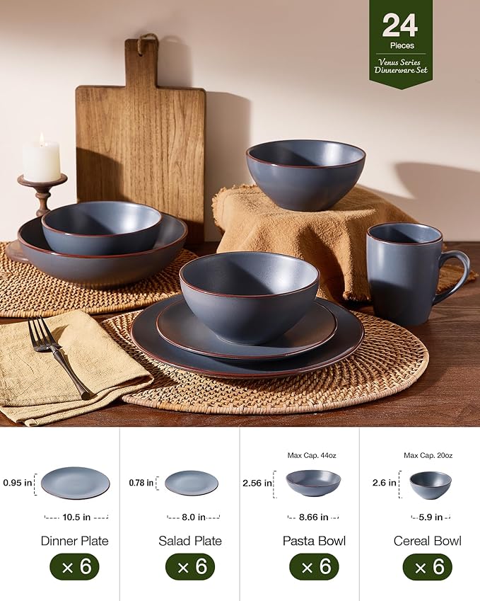 Famiware Venus Speckled Dinnerware Set with Pasta Bowls, Service for 6 (24 Pieces), Stoneware Plates and Double Bowls Sets, Microwave & Dishwasher-Safe Dishes with Trim, Matte Charcoal