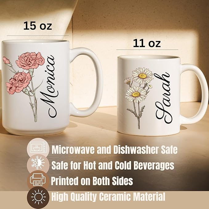 moonloom Personalized Coffee Mugs With Names & Birth Flowers Gifts, Customized Birth Month Flower Teacup 11 Or 15 Oz White Ceramic Mug Birthday Gifts (Bithflower- Vertical, White)