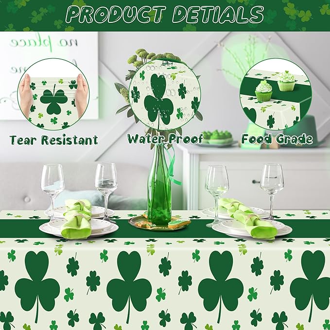6 Pack St Patricks Day Tablecloth, 108" X 54" Disposable Shamrock Green Table Cloth, Plastic St Patricks Day Decorations for Table Irish Table Cover, Rectangle Lucky Holiday Decor for Irish Party