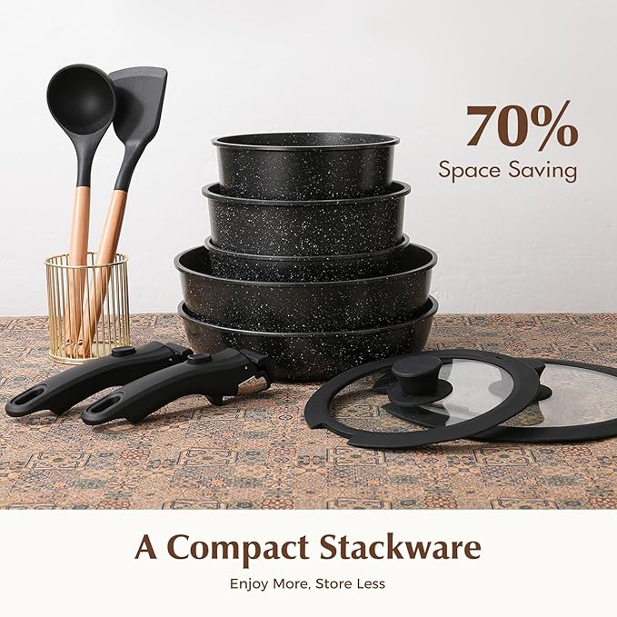 Ceramic Nonstick Pots and Pans Set with Detachable Handle,9 Pcs Pots and Pans Set Non Stick,Kitchen Essentials,RV Kitchen Pot and Pan,Stackable Induction Cookware,Black