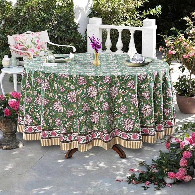 Ridhi Block Print Round Hunter Green Reusable Tablecloth 100% Cotton 60" Inch Decorative Table Cover eveyday Dining, Home, Party, Wedding, Farmhouse Gift for Spring, Easter, Valentine