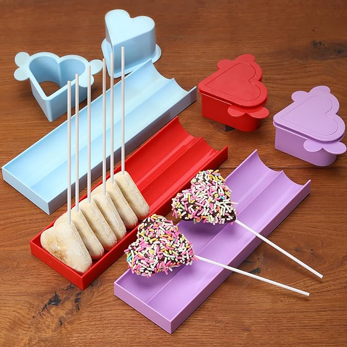 Heart Cake Pop Mold Set with 9 Inch Tray and Sticks, Circle Cake Pop Cutter and Pusher, Baking Molds Kit for Parties, Wedding,Home Desserts Making - Red