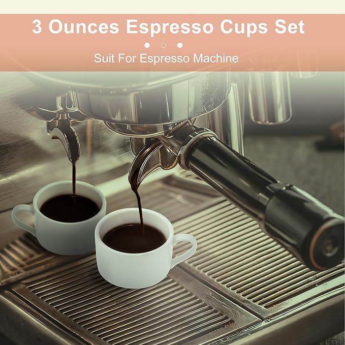 3 Ounce Espresso Cups Set of 4, Stackable Demitasse Mugs, Includes Display Stand, Cups Saucers, and Spoons, for Machines & Home Use, White Silver Tone