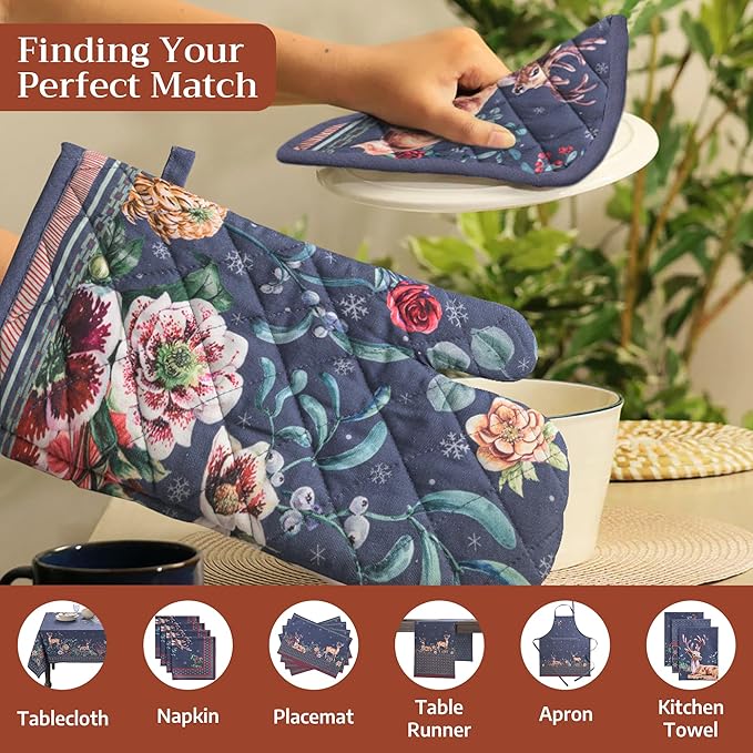 Maison d' Hermine Oven Gloves 100% Cotton Oven Mitt 7" x 13" with Loop Heat Resistant BBQ Cooking Gloves for Thanksgiving Christmas Decorations Baking Handling Hot Pans (Pack of 1, Christmas Joy)