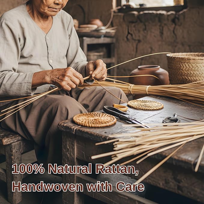 Handwoven Rattan Coasters Set of 6 for Drinks, Boho Wood Cup Coasters with Holder for Tabletop Protection, Vintage Coaster for Desk, Famrhouse & Hostess Gifts