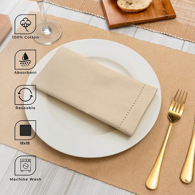 Blue Needles Set of 12 Hemstitch Linen Napkins 100% Cotton Beige Cloth Dinner Napkins 18x18 inches, Soft, Reusable, Absorbent, Washable, Ideal for Wedding Events, Parties & Everyday Use