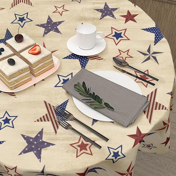 4th of July Round Tablecloth 70 Inch Patriotic Vintage Red and Blue Star Memorial Day Polyester Table Cloth Independence Day Table Cover for Kitchen Dinner Home Decor