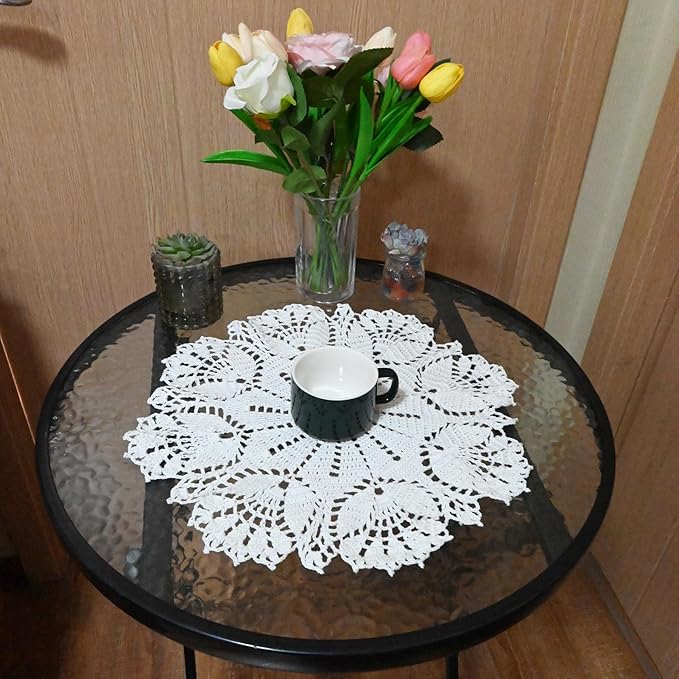 BIBITIME Tulip Flower Doilies Lace Doilies Kitchen Table Doily Mats Tablecloth Handmade Crochet Placemats Vase Dish Plate Mat (1 PC- 15 inches- 16 inches, White)