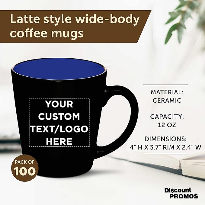 Custom Ceramic Coffee Latte Mugs 12 oz. Set of 100, Personalized Bulk Pack - Perfect for Coffee, Tea, Espresso, Hot Cocoa, Other Beverages - Royal Blue
