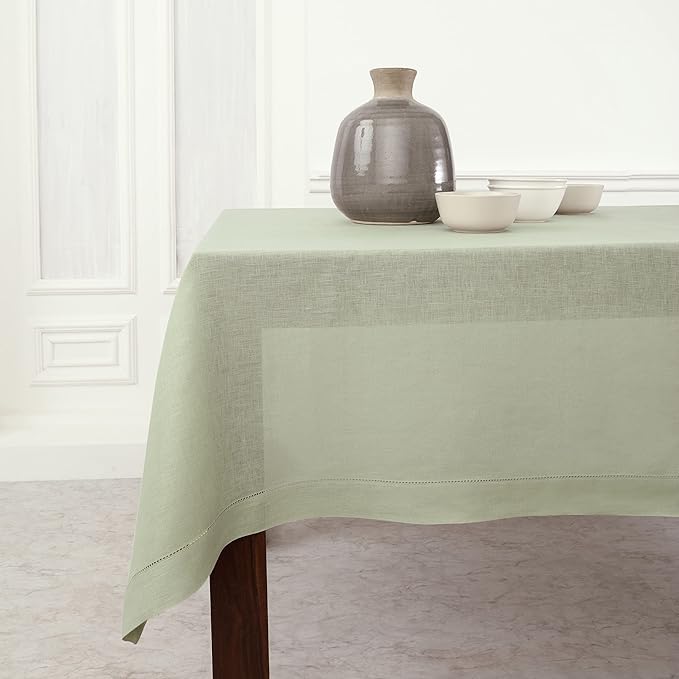 Solino Home Linen Sage Green Tablecloth 60 x 144 Inch - Classic Hemstitch, 100% Pure Linen Rectangular Tablecloth - Machine Washable Table Cloth for Winter, Spring, Easter, St Patricks Day