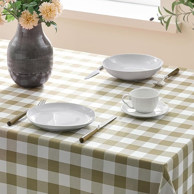 Checkered Tablecloth Rectangle Gingham Table Cloths Waterproof Wrinkle Free Buffalo Plaid Table Covers Washable for Dining, Parties & Outdoor Picnic(Khaki and White, 60"×120")
