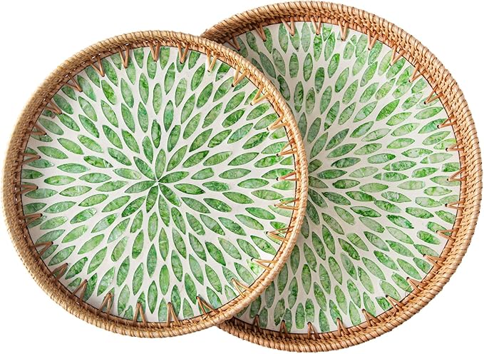 Set of 2 Round Rattan Tray Home Decor, Wicker Serving Tray with Mother of Pearl Inlay, Boho Decorative Tray for Coffee Table, Display, Ottoman, Kitchen Table (Green)