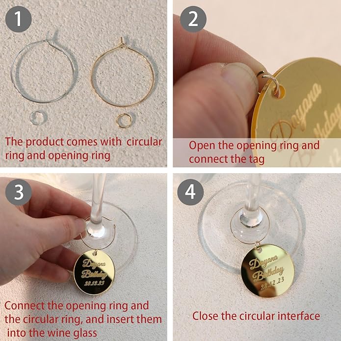 Personalized Wine Glass Charms with Rings,1.33 Inch Round Drink Markers and Name Tags for Stem Glasses Identification,Custom Place Cards for Valentine's Day,Wedding,Bridal Party Favors…