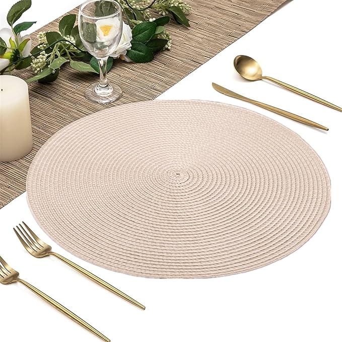6/12Set Round Braided Placemats Table Mats for Dining Tables Woven Washable Non-Slip Place mats 13inch Halloween Decor(Sliver,6 Set)