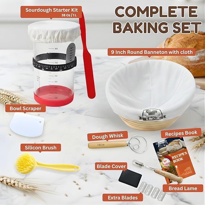 EROIR Sourdough Starter Kit - 38oz Glass Starter Jar with Date Marked Feeding Band, Thermometer, Jar Scraper, 9" Round Bread Proofing Basket, Dough Whisk, Lame, Bowl Scraper, Clean Brush, Recipes Book