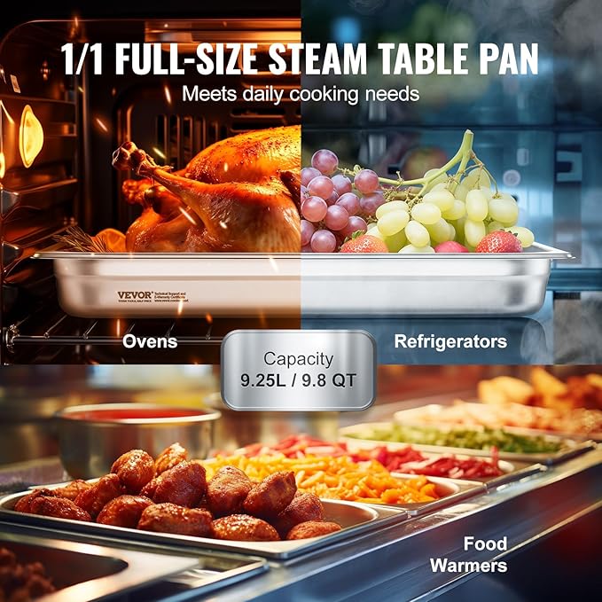 VEVOR 6 Pack Stainless Steel Hotel Pans,2.5-Inch Deep 0.8mm Thick Commercial Food Pans, Anti-Jam Catering Trays for Steam Tables, for Home, Party, Restaurant, Hotel, Buffet