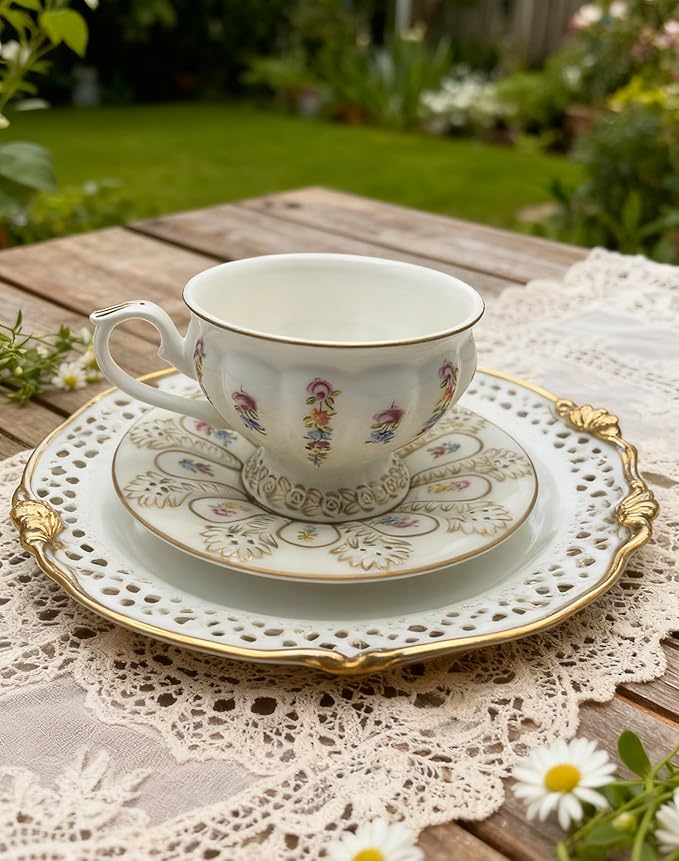 Porlien Hand-painted Golden Floral Coffee Cups and Saucers Set of 2, Vintage Teacups Set with Spoons