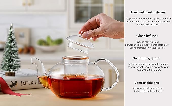 CnGlass 40.6oz/1200ml Glass Teapot with Removable Infuser,Stovetop Safe Tea Kettle,Blooming & Loose Leaf Tea Pot