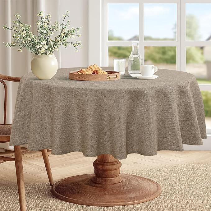 JIUZHEN Round Table Cloth Faux Linen Farmhouse Tablecloth Wrinkle & Stain Resistant Table Cover for Kitchen Dining, Holiday Party Dinner, Khaki, 60 Inch Round