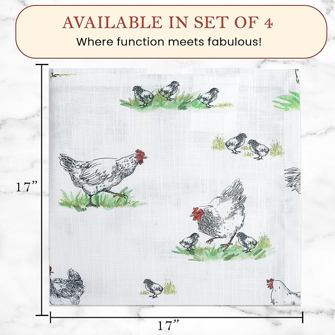 Vintage Vista Cotton Cloth Napkins Set of 4 (17" x 17") - Digital Printed Table Napkins Cloth Washable & Reusable for Everyday Use, Christmas, Thanksgiving, Halloween & More - (Green Chicken)
