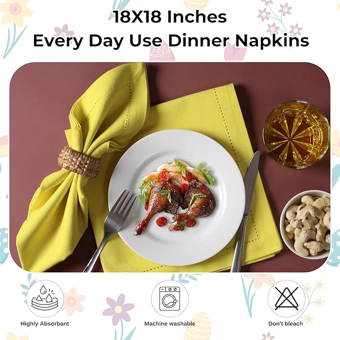 Homidate Hemstitched Cotton Cloth Dinner Napkins Set of 12 – 18x18 Golden Kiwi – Reusable Machine Washable Fabric Napkins for Weddings, Thanksgiving, Christmas & Events
