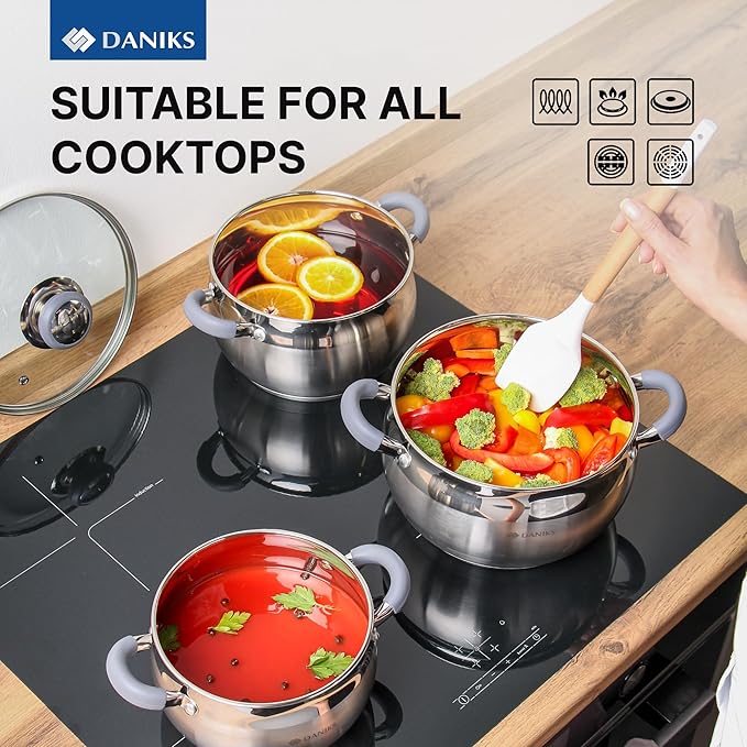 Daniks Modern 4 Quart Stainless Steel Stock Pot with Glass Lid, Tri-Ply Bottom for Even Heating, Induction Compatible, Dishwasher Safe, Heatproof Handles