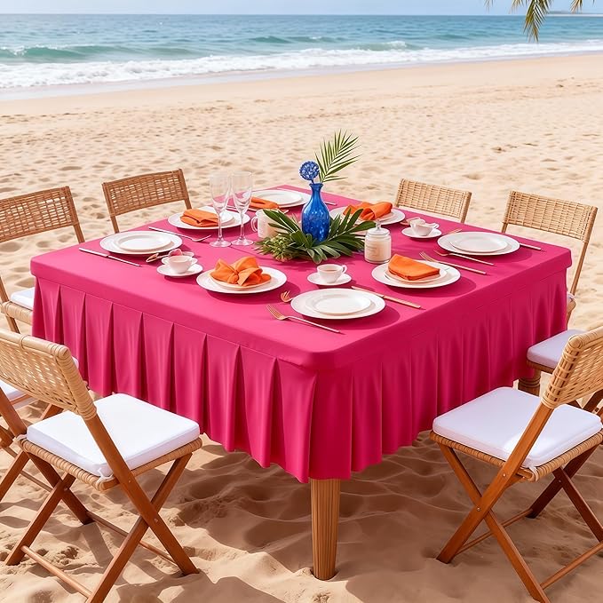 Wish Care Hot Pink Spandex Tablecloths for 54x54 Inch Square Tables, Stretch Fitted Table Clothes with Pleated Ruffle Skirt for 54” Table, Wrinkle Free and Elastic, for Party Kitchen Home Dining