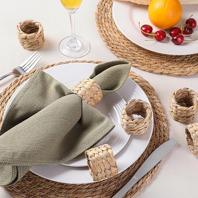 Napkin Rings Set of 6, Natural Water Hyacinth Woven Napkin Holders, 6pcs Rattan Napkin Rings for Rustic Farmhouse, Boho Wedding, Home & Dining Table Decor