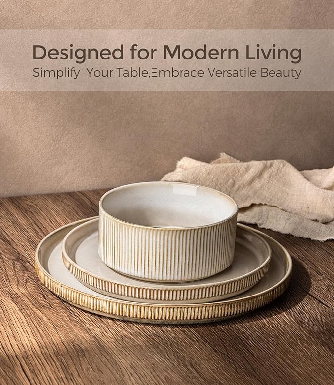 GBHOME 18-Piece Stoneware Dinnerware Set for 6 – Ribbed Ceramic Plates and Bowls, Scratch-Resistant, Microwave & Dishwasher Safe, Reactive Glaze, Cappuccino