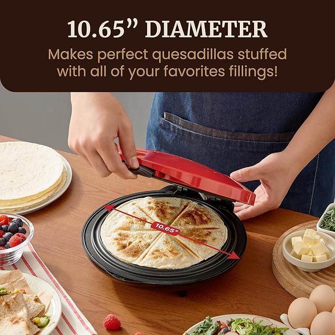 Elite Gourmet 11" Cheesy Quesadilla Maker, 2-Position Locking Latch For Extra Stuffing, Easy-Slice 6-Wedge, Red