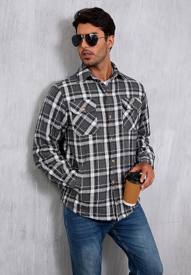 Men's Cotton Sherpa Lined Button Down Flannel Shirt Jacket Plaid Soft Outdoor Flannel Jacket Shirt