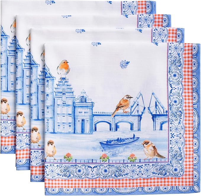 Maison d' Hermine Cloth Napkins Set of 4 100% Cotton Everyday Reusable Square Napkins Cloth Washable Dinner Wedding Restaurant Valentines Day Decorations Spring/Summer (Amsterdam Canals, 20" x 20")