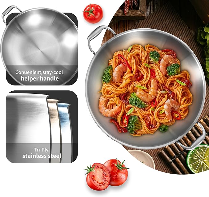 LOLYKITCH 14.5 Inch Tri-Ply Stainless Steel Wok Pan with Steel Lid,Deep Frying Pan,Jumbo Cooker,Induction Cooking Pan,Dishwasher and Oven Safe