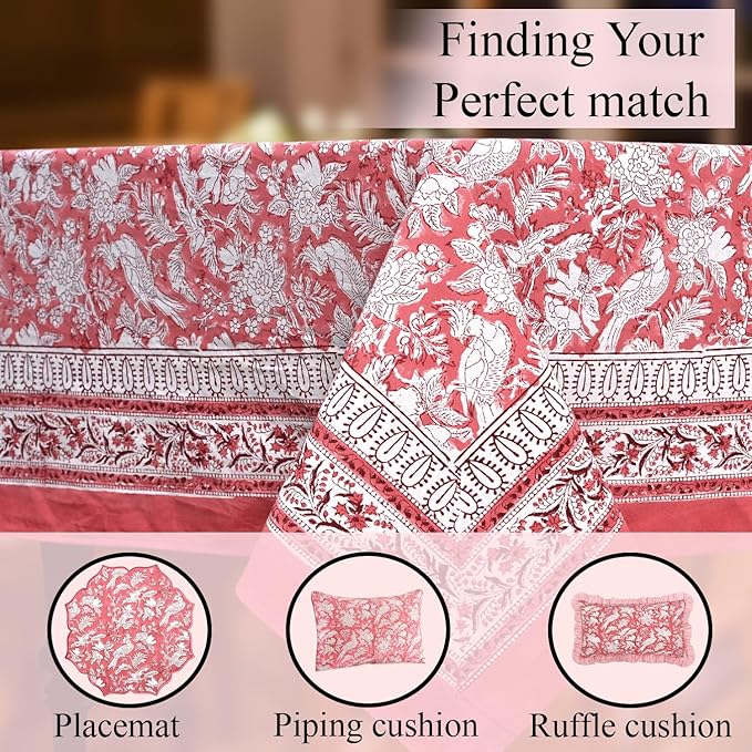 CPC Tablecloth 100% Cotton 60x90 Inch Indian Block Print Rectangle Table Cover, Washable Table Cloth for Weddings, Spring/Summer, Barbeque - Coral Pink