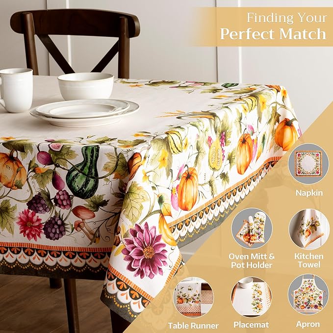 Maison d' Hermine Table Cloth Rectangle Table 100% Cotton 70 x 108 Inches Fall Tablecloth Reusable Everyday Use for Thanksgiving Christmas Decorations Dining Farmhouse (Pumpkin Garden - Cloudy Cream)