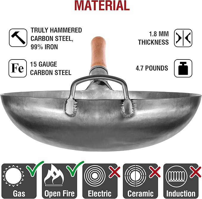 YOSUKATA Non-seasoned 14" Round-Bottom Carbon Steel Wok Pan with 17" Spatula and Ladle