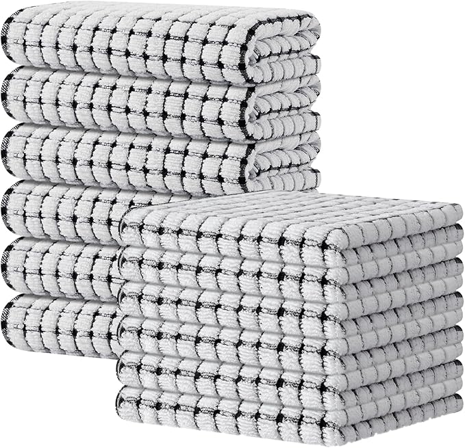 Kitinjoy Cotton 12 Pack Kitchen Towels and Dishcloths Sets, 16 x 25 Inch & 12 X 12 Inch Dish Towels Bulk, Super Soft and Absorbent Hand Towels for Kitchen Drying, Black