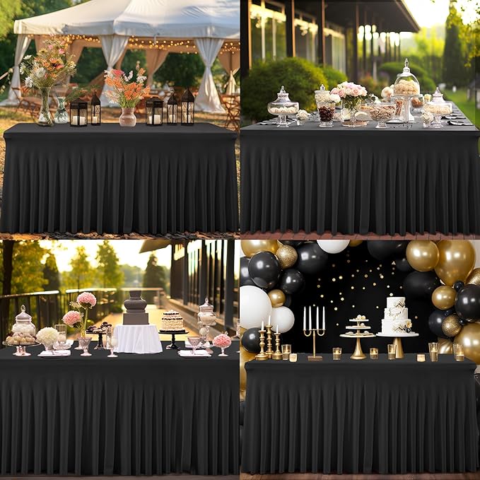 2 Packs Black Spandex Table Covers 8 Foot, Fitted Stretch Table Cloth with Skirts 96x30 Inch, Wrinkle-Free Floor Length Rectangle Tablecloths for Trade Show Weddings Parties Banquets Events