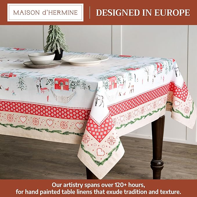Maison d' Hermine Table Cloth Rectangle Table 100% Cotton 70 x 120 Inches Fall Tablecloth Reusable Everyday Use for Thanksgiving Christmas Decorations Dining Farmhouse Party (Rural Christmas)