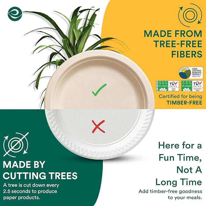 ECO SOUL Compostable 9 Inch(100-Pack) Biodegradable Heavy-Duty Disposable Eco-Friendly Paper Plates for Dinner & Parties, Wedding, Event