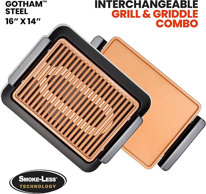Gotham Steel Smokeless Indoor Grill with Ceramic Coating & Adjustable Heating, Electric Removable Grill/Griddle Plate, Nonstick, Healthy & Toxin Free