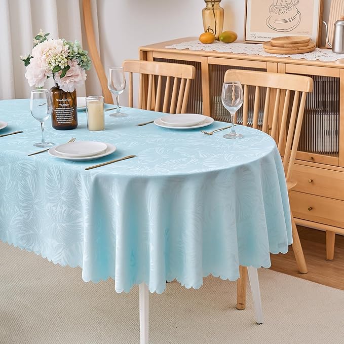 Oval Tablecloth 60x84 Inch Blue Table Cloth Leaves Pattern Scalloped Edge Silky Soft Fabric Waterproof Wrinkle Free Washable Table Cover for Kitchen Dinning Party Decoration