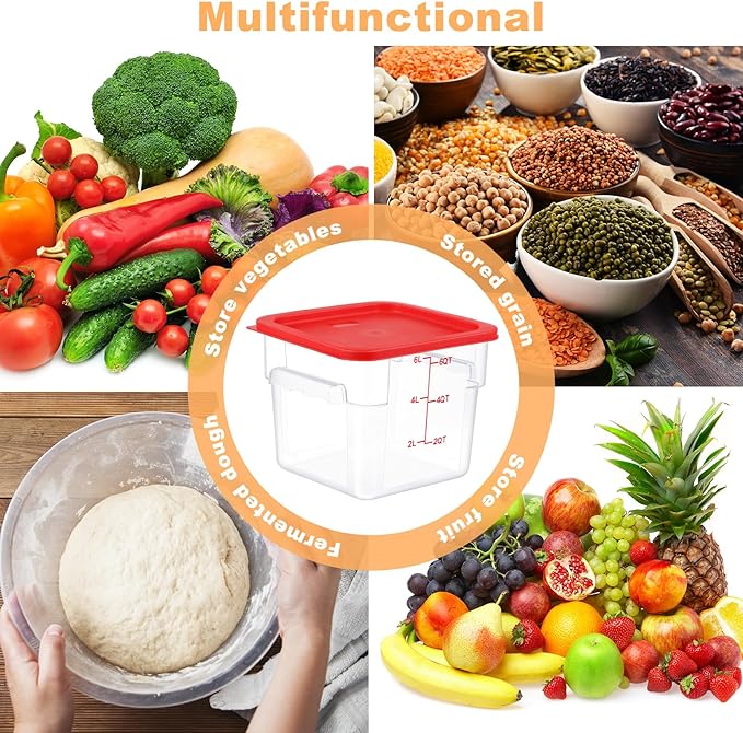3 Sets 6 Qt Square Food Storage Containers with Lids Dough Proofing Bucket Commercial Polycarbonate Containers with Scale Clear Airtight Cereal for Pantry Home Restaurant (Red)
