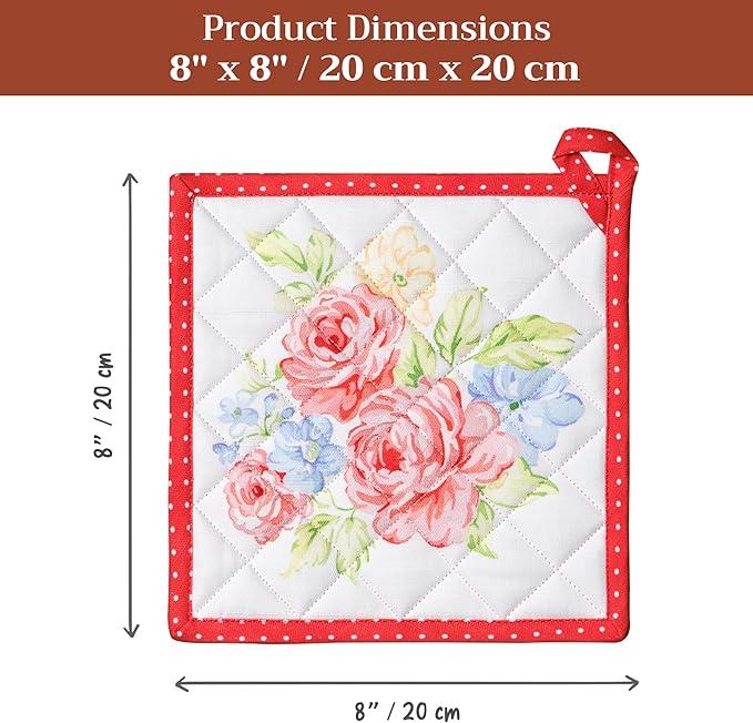 Maison d' Hermine Pot Holders Set 100% Cotton Heat Resistant Potholders 8" x 8" Hot Pads with Loop BBQ, Cooking, Baking, Grilling, Kitchen, Handling Hot Pans Spring/Summer (Pack of 2,Vintage Floral)