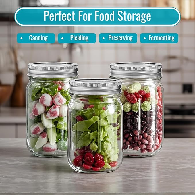 Haneye 12 oz Mason Jars with Lids 20 Pack - Regular Mouth Canning Jars, Clear Glass Jar for Spices, Dry Goods, Meal Prep, Crafts & Pantry Storage- Includes 30 Stickers & 1 Chalk Pen