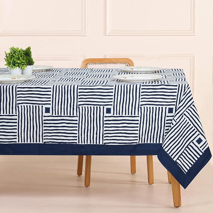 Handblock Print Cotton Tablecloth – 72x108 Rectangular Table Cover Seats 6–8 – Indian Block Printed Floral Dining Table Linen – Boho Washable Cloth for Kitchen, Party, Outdoor, Dark Blue