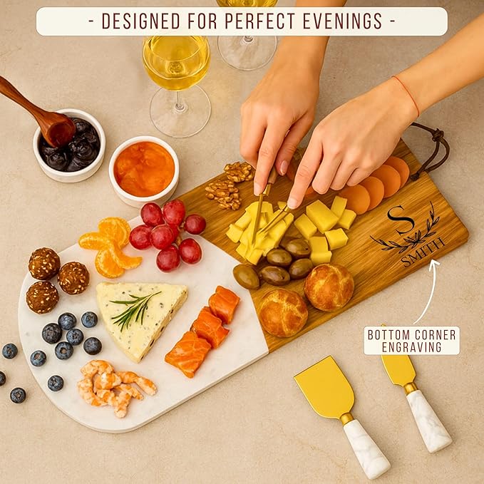 Personalized Charcuterie Board Gift Set – Custom Acacia & Marble Cheese Board with Utensils, Wedding, Housewarming, Couples, Bridal Shower, Engagement, Women, Men, Valentines Day Gifts for Her, Him