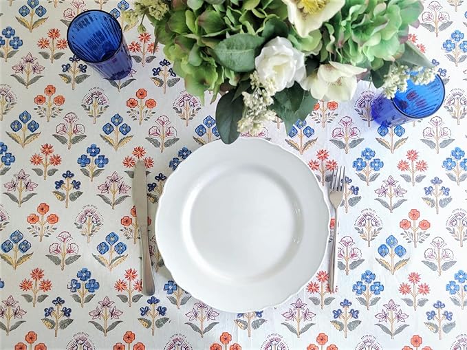 ATOSII Flora Bloom 100% Cotton Rectangle Boho Fall Tablecloth, Handblock Floral Table Cloth Linen for Kitchen Dining I Parties Wedding Outdoors Christmas Thanksgiving I 72 X 140 Inches I 12 Seater